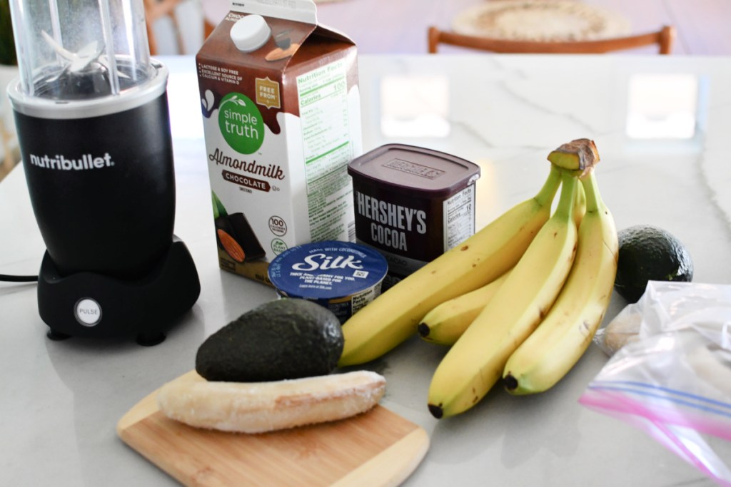 ingredients to make avocado chocolate smoothie