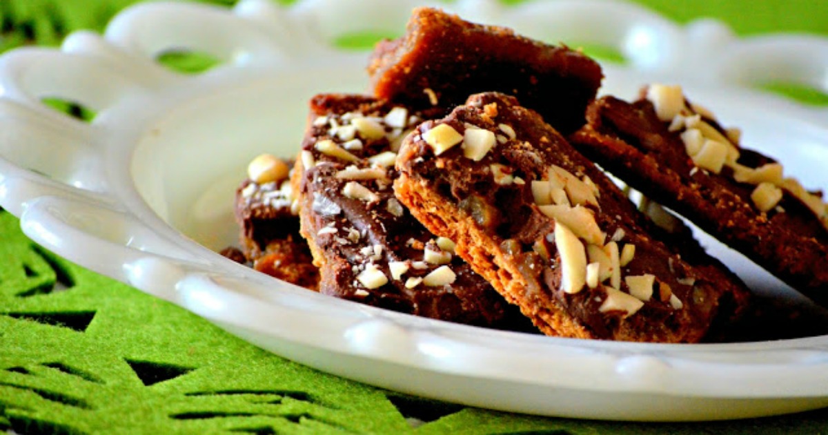 homemade almond roca easy holiday treat &ndash; closeup on a plate