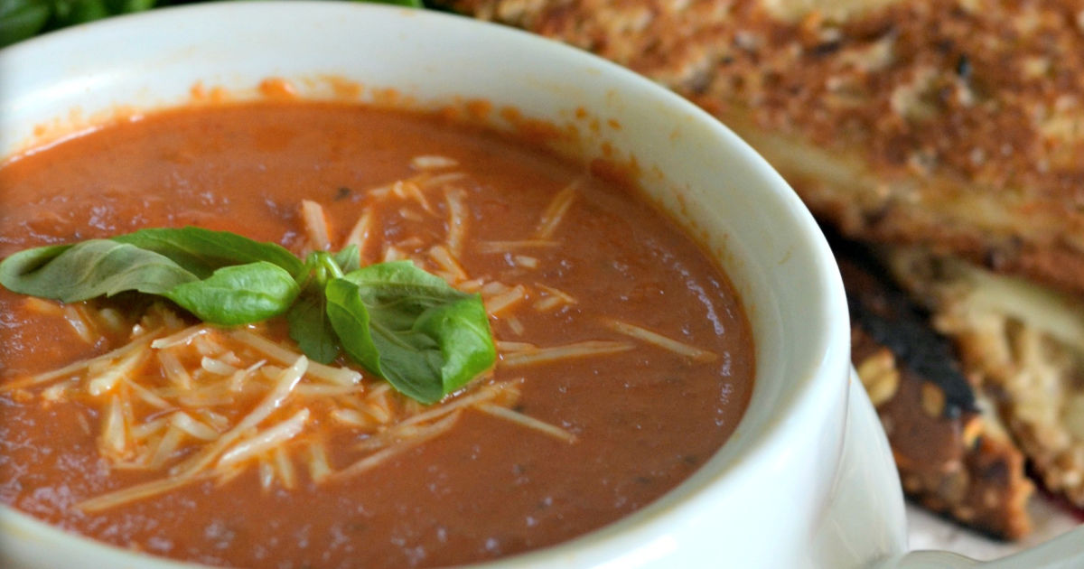 tomato basil soup recipe &ndash; closeup of the soup in a bowl