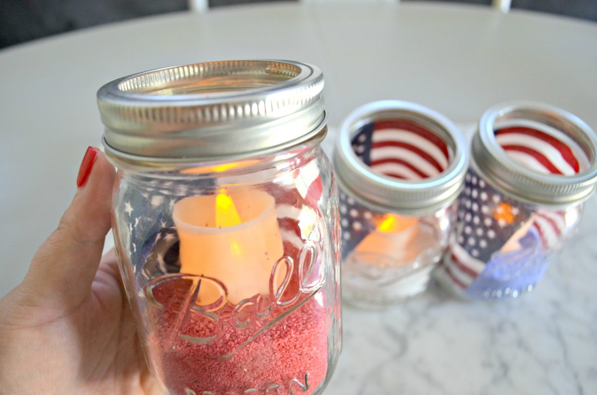 Dollar Tree 4th of July Craft Mason Jar Votives &ndash; lit candles