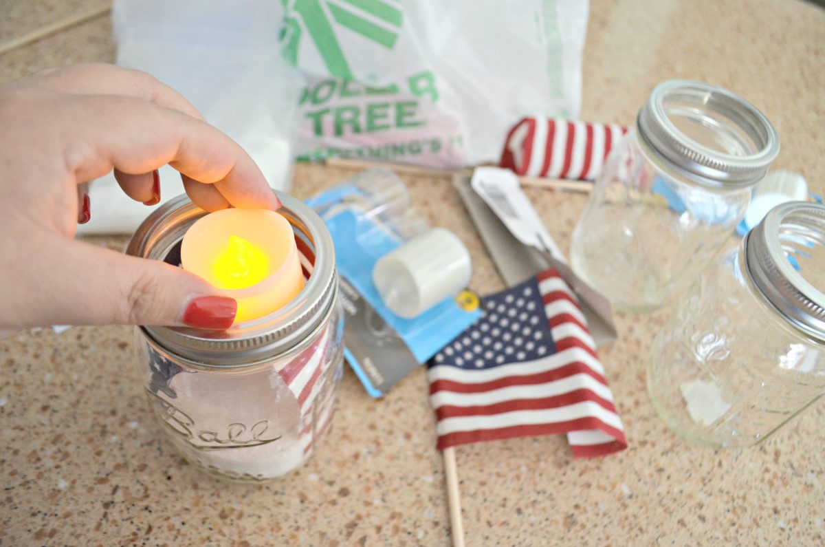 Dollar Tree 4th of July Craft Mason Jar Votives &ndash; adding flameless candles