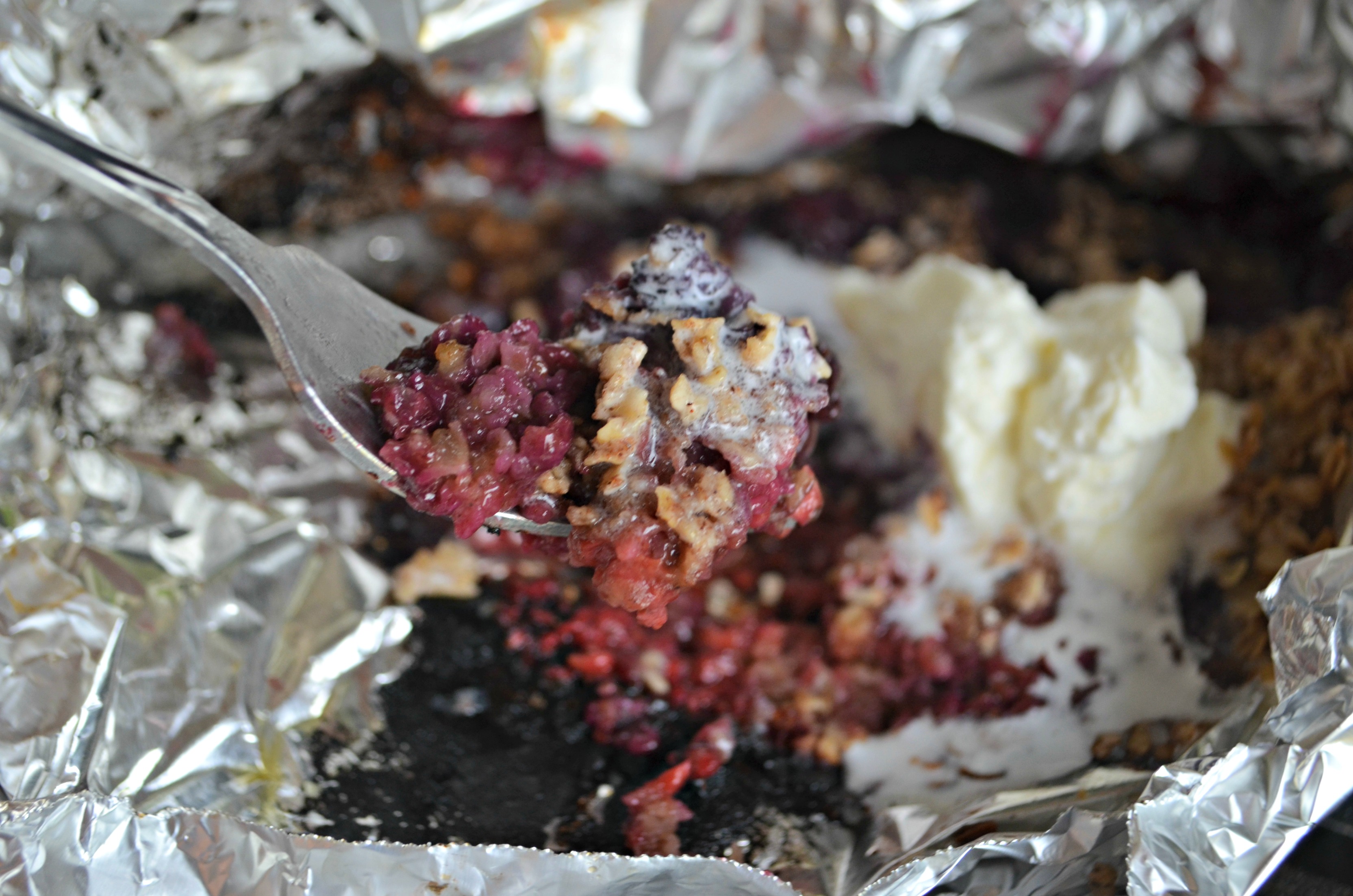 berry crisp packets for grilling or camping &ndash; a closeup of the final product with ice cream