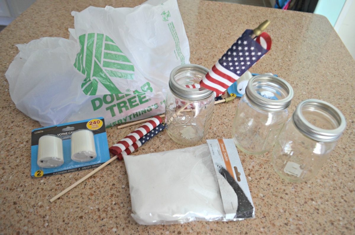 Dollar Tree 4th of July Craft Mason Jar Votives &ndash; supplies laid out on the counter top