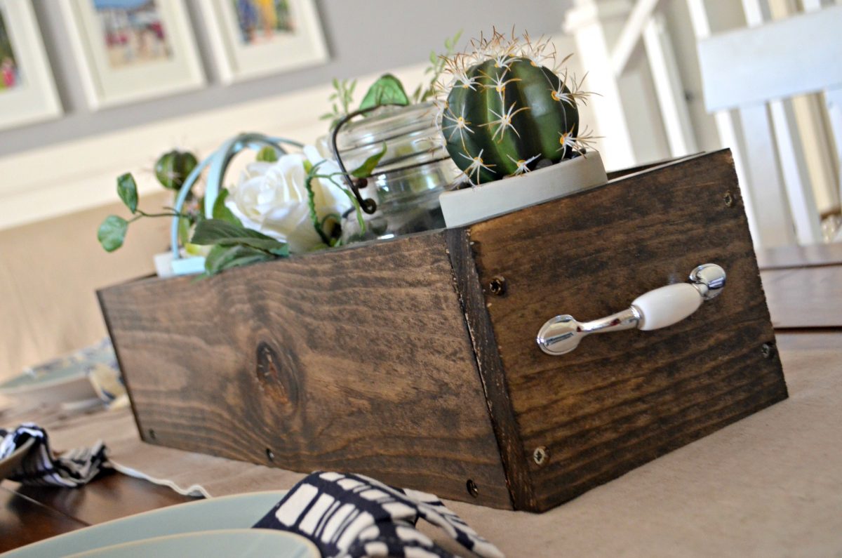diy rustic farmhouse wood box centerpiece &ndash; decorated with a cactus, flowers, and a candle