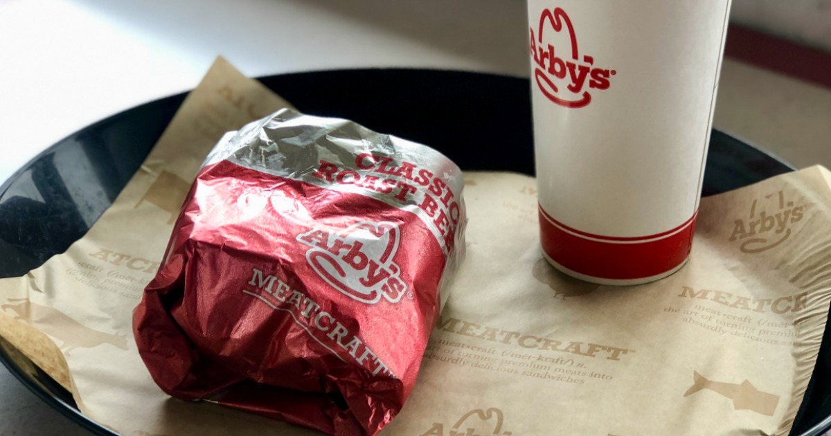 Stores, restaurants, hotels, and other places that offer senior discounts &ndash; Arby's sandwich and drink on a tray