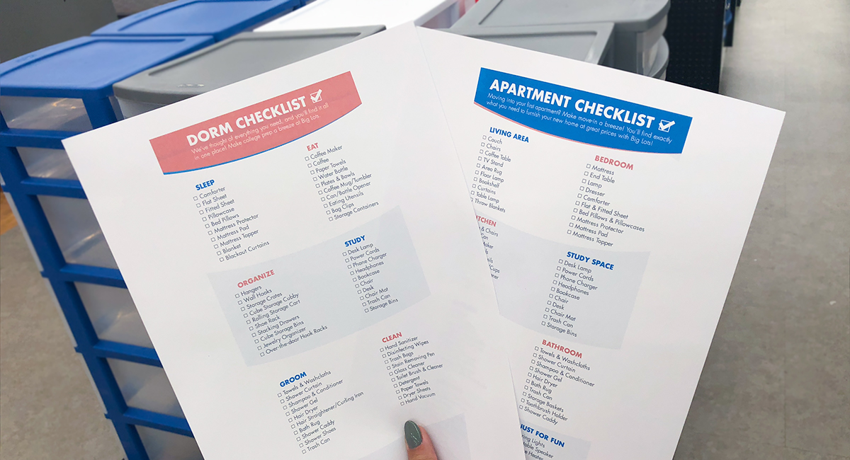 back-to-school college dorm shopping with big lots &mdash; printable dorm and apartment decor and furniture checklists from Big Lots