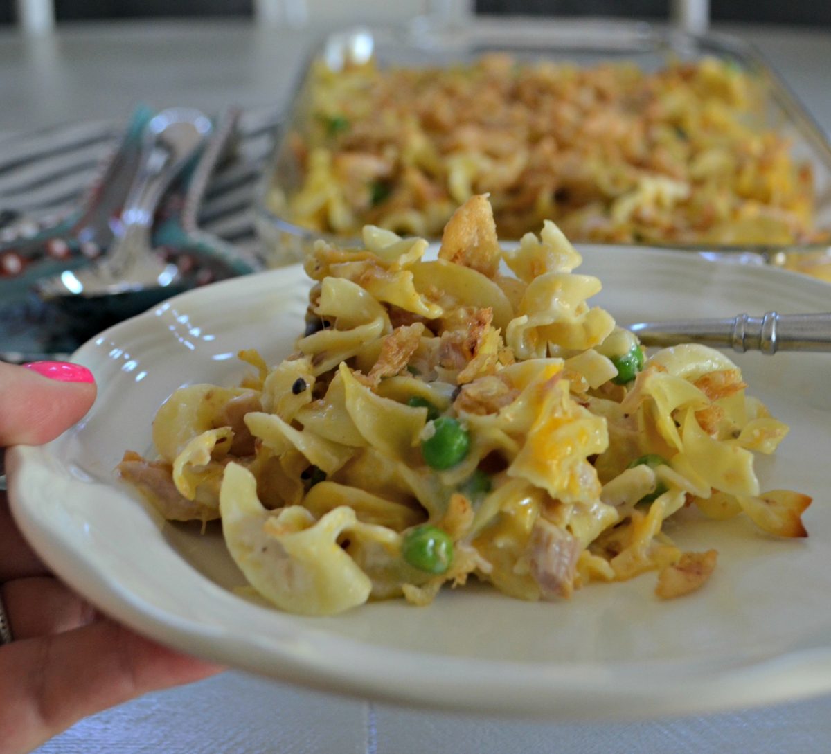 tuna noodle casserole is one of our favorite childhood recipes &ndash; The cooked casserole on a plate