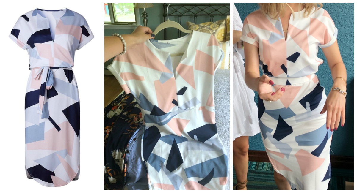 Shopping for clothing? Check out this amazon hack &acirc; comparison of amazon listing image to real life image of a geometric dress from amazon