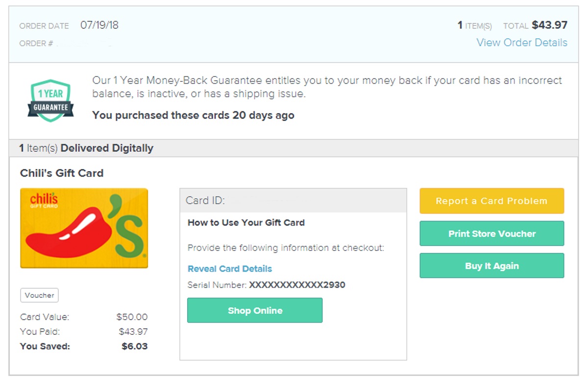 Tips to save money with raise.com gift cards &ndash; Chili's gift card example in the purchased orders section of an account