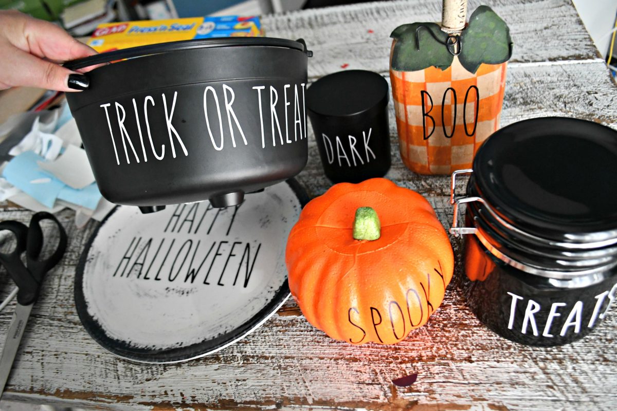 DIY Rae Dunn Inspired Halloween Decorations &ndash; Pumpkins, a trick or treat bowl, and a plate