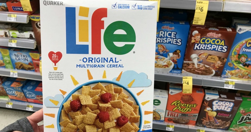 life cereal in front of shelf 