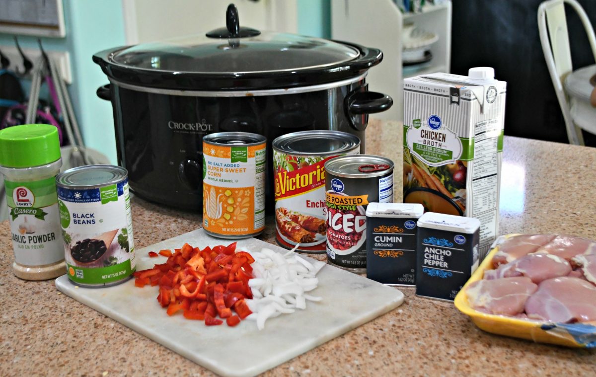 Slow Cooker Chicken Enchilada Soup &ndash; the ingredients on the counter