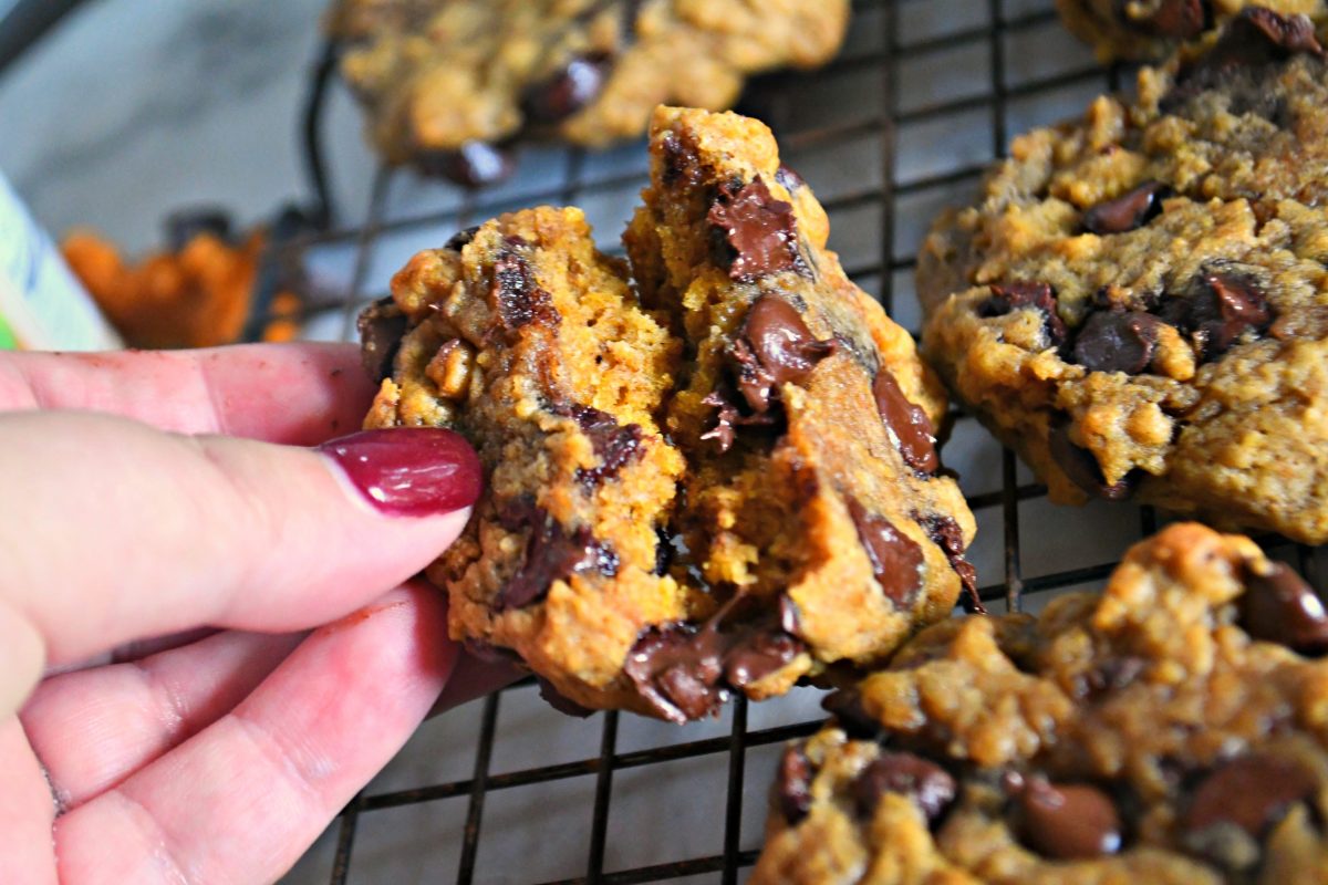 Pumpkin Chocolate Chip Cookies &ndash; closeup of a gooey, open cookie