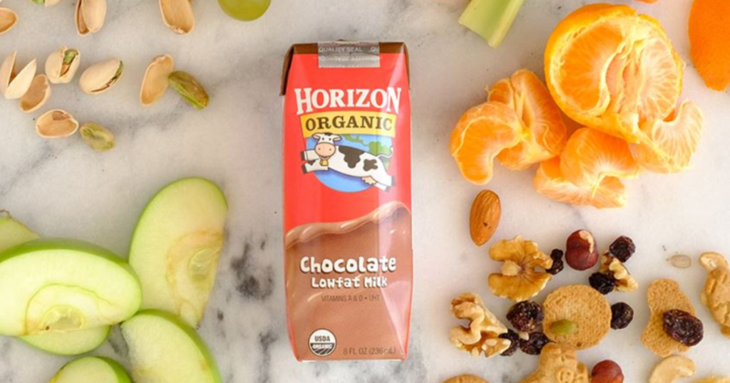 Horizon Organic Chocolate Milk surrounded by fruit and nuts