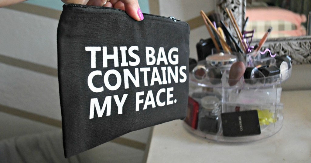 gift guide for beauty makeup lover &mdash; "this bag contains my face" makeup bag