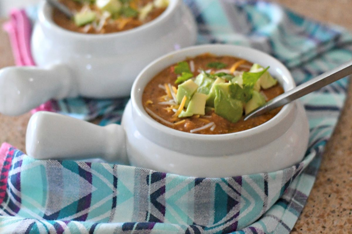 Slow Cooker Chicken Enchilada Soup &ndash; served in small bowls