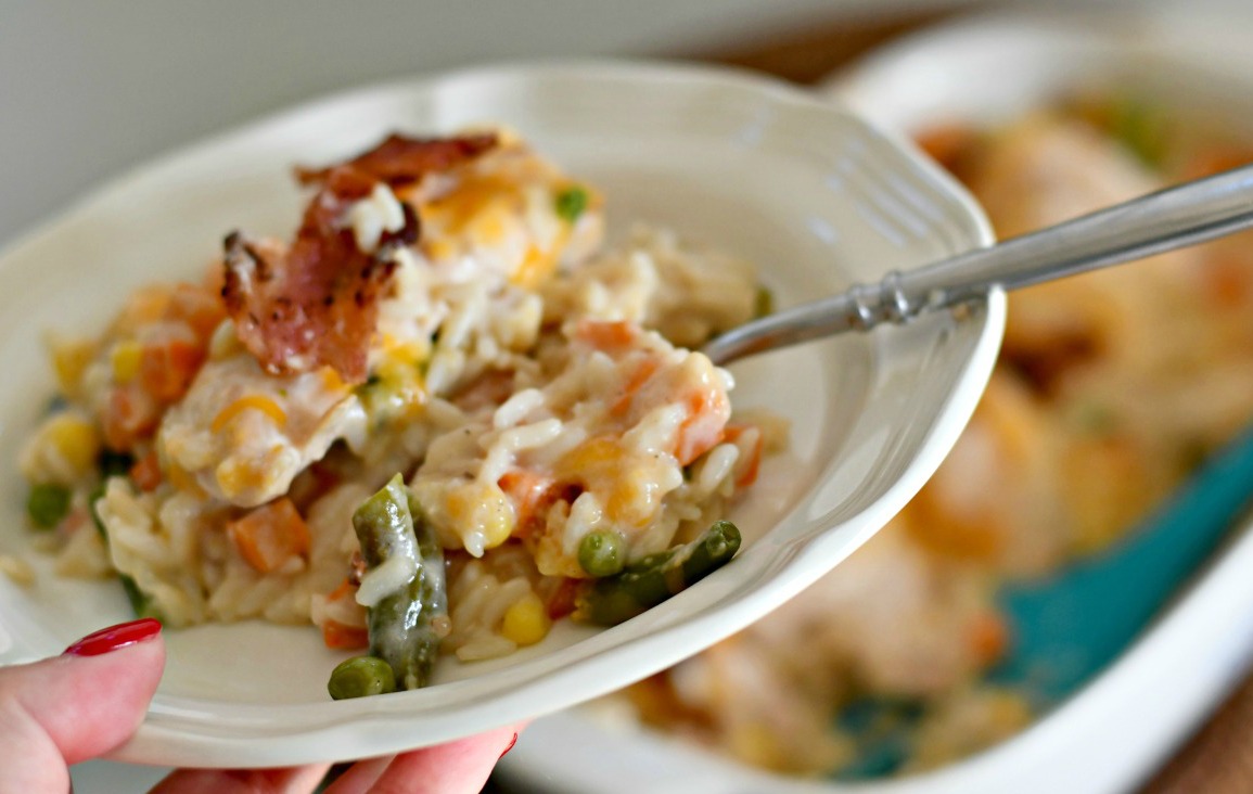 Cheesy Chicken Bacon and Rice Casserole &ndash; served on a plate