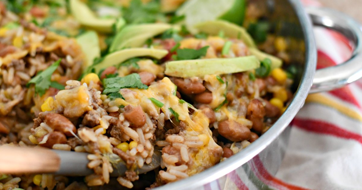 taco rice beans skillet casserole &ndash; cooked in the pan and ready to serve