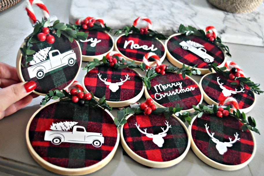 DIY Embroidery Hoop Christmas Ornaments &ndash; finished and in a group of 11