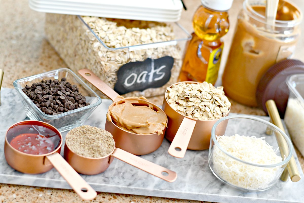 Oatmeal Cookie Dough Energy Bites &ndash; ingredients on the counter