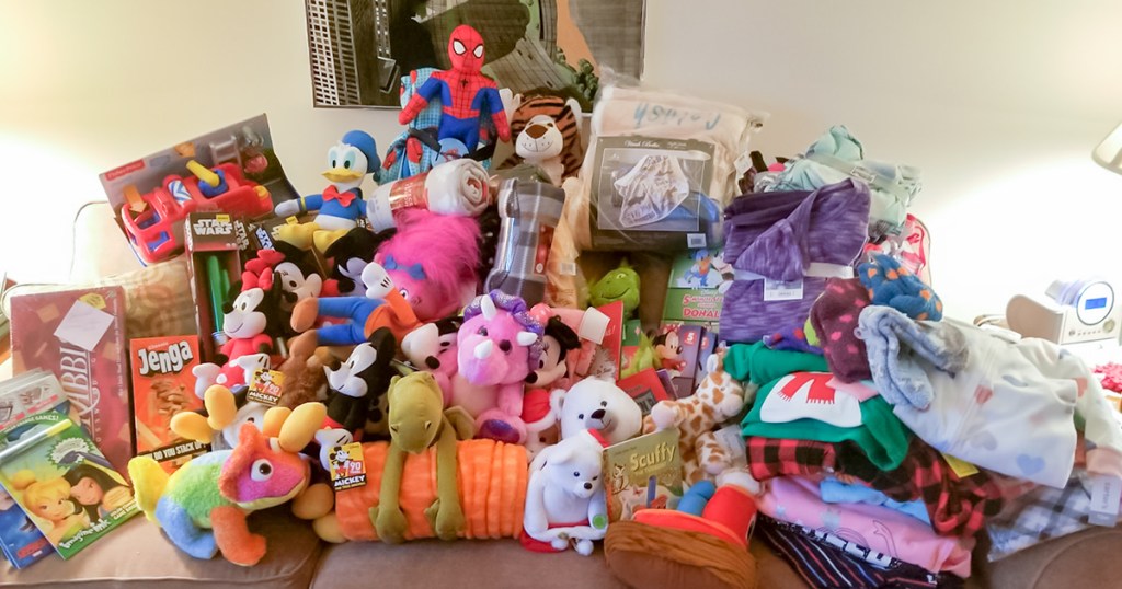 reader giving back &mdash;&nbsp;stuffed animal pile from tree trimming party for project night night