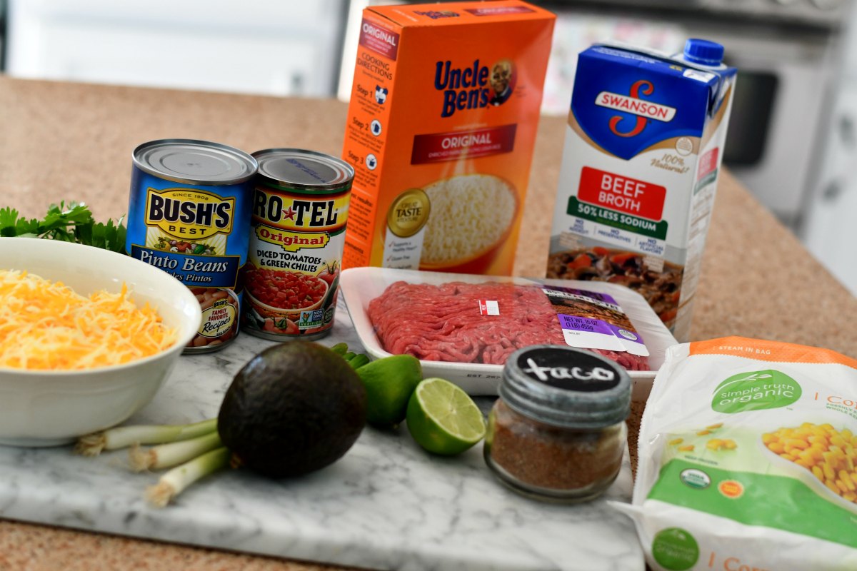 taco rice beans skillet casserole &ndash; ingredients on the counter
