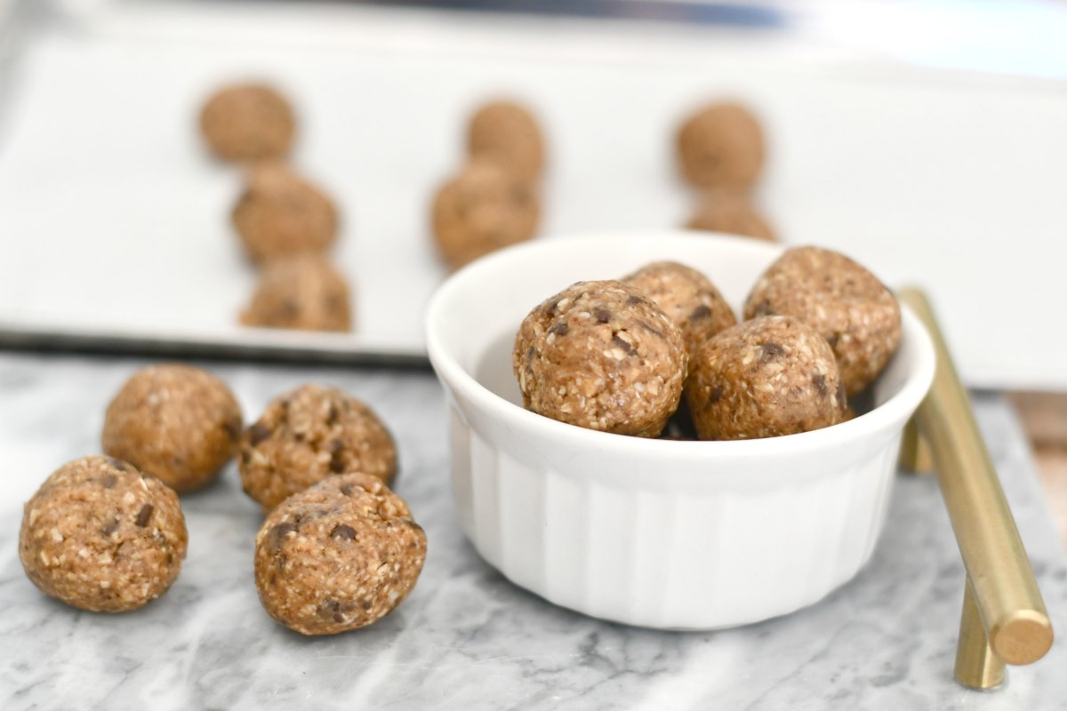 Oatmeal Cookie Dough Energy Bites &ndash; rolled up in a ramekin ready to serve