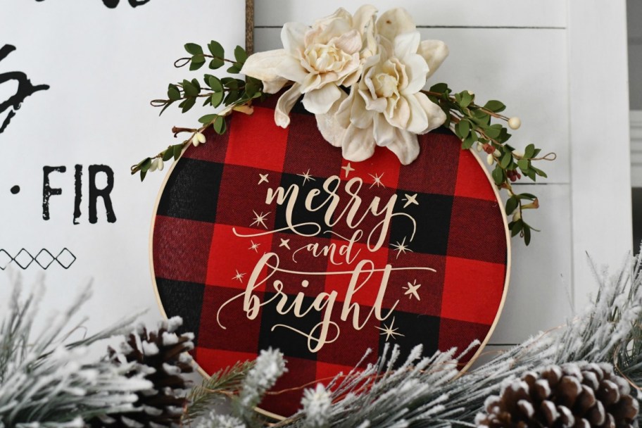 DIY Embroidery Hoop Christmas Ornaments &ndash; large hoop on the mantel