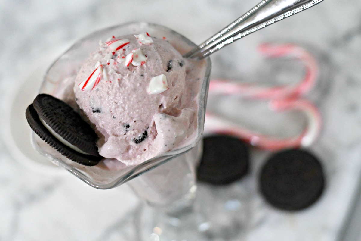Homemade Peppermint Cookies & Cream Ice Cream &ndash; served in an ice cream glass