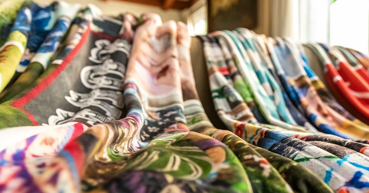 shutterfly fleece blankets on couch
