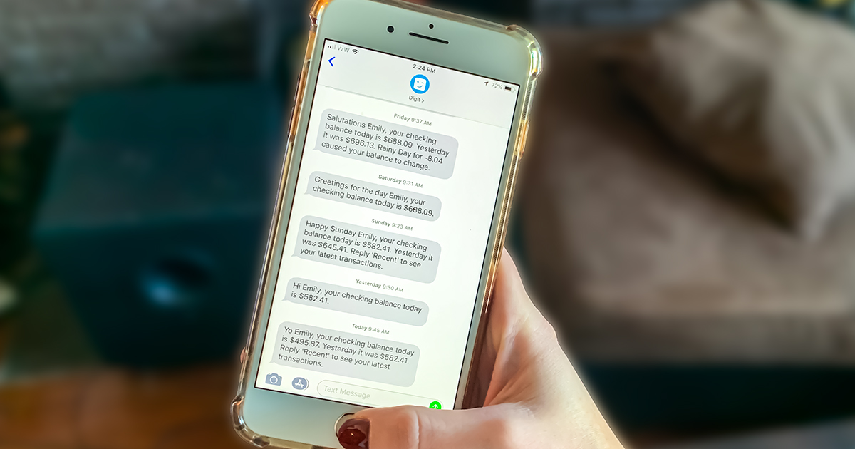 digit budgeting app save money &mdash; digit app text messages about account balance