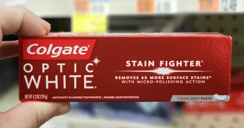 Colgate Optic White box in hand