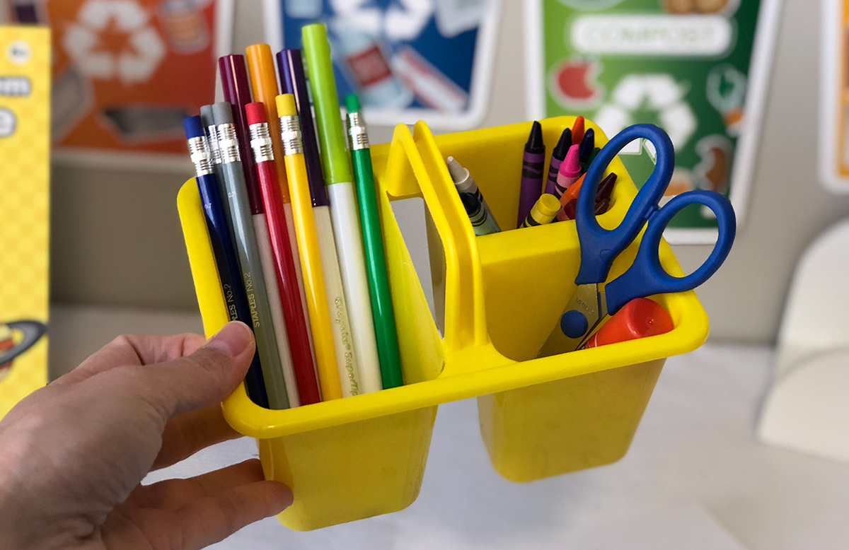 happy friday homeschooling center decor &mdash; dollar tree organizer for supplies