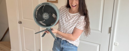 woman holding a shark flexbreeze fan up