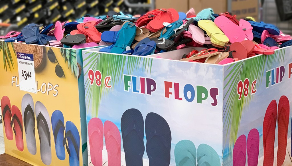 cheap flip flops &mdash; large bin of 98&cent; flip flops at walmart