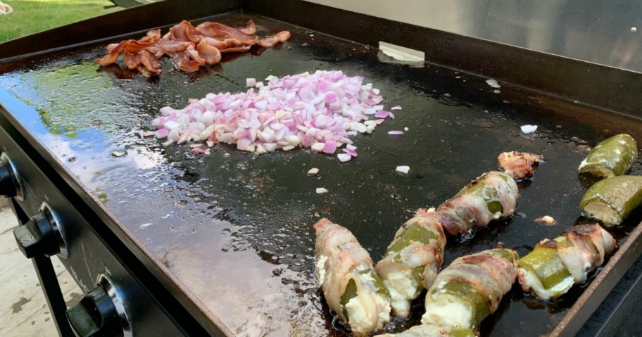 food cooking on blackstone griddle
