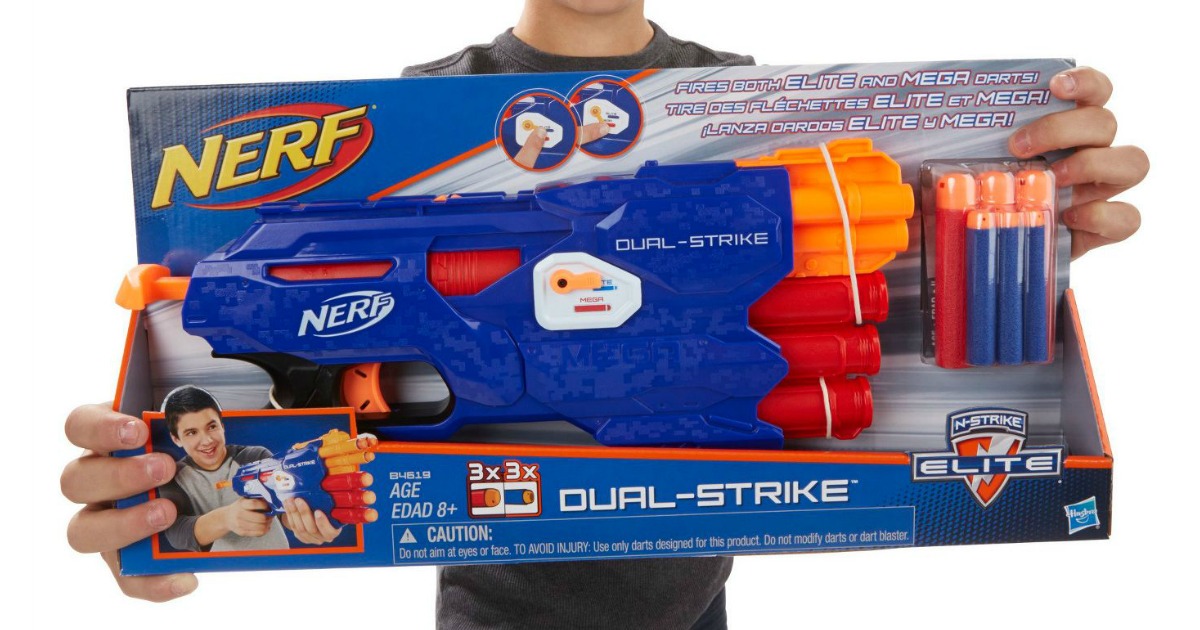 boy holding NERF N-Strike Elite Dual-Strike Blaster