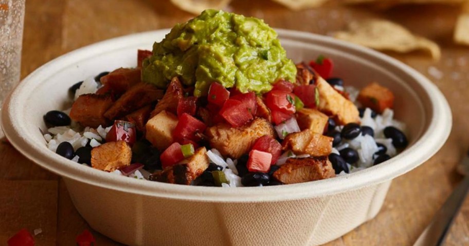 rice and chicken bowl with guac and pico 