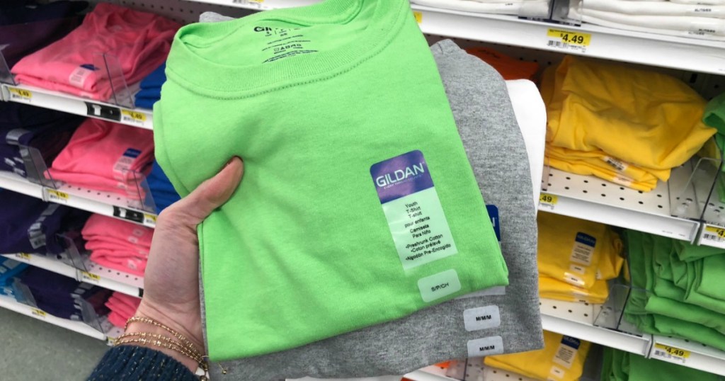 Three colors of Gildan brand craft shirts in-hand at Joann's