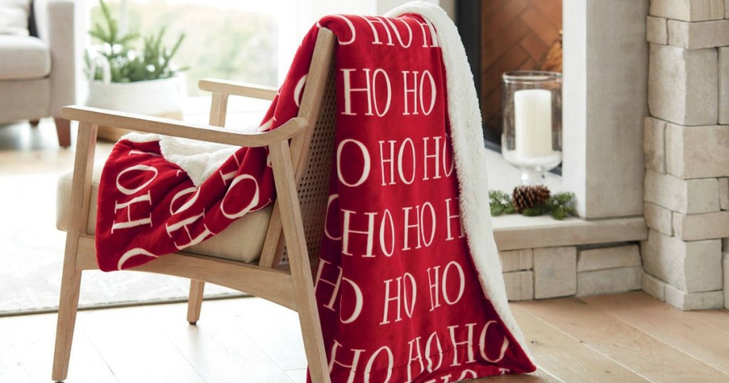 Ho Ho Ho Threshold Printed Plush Reversed to Sherpa Throw Blanket