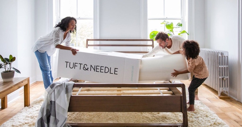family unpacking memory foam mattress