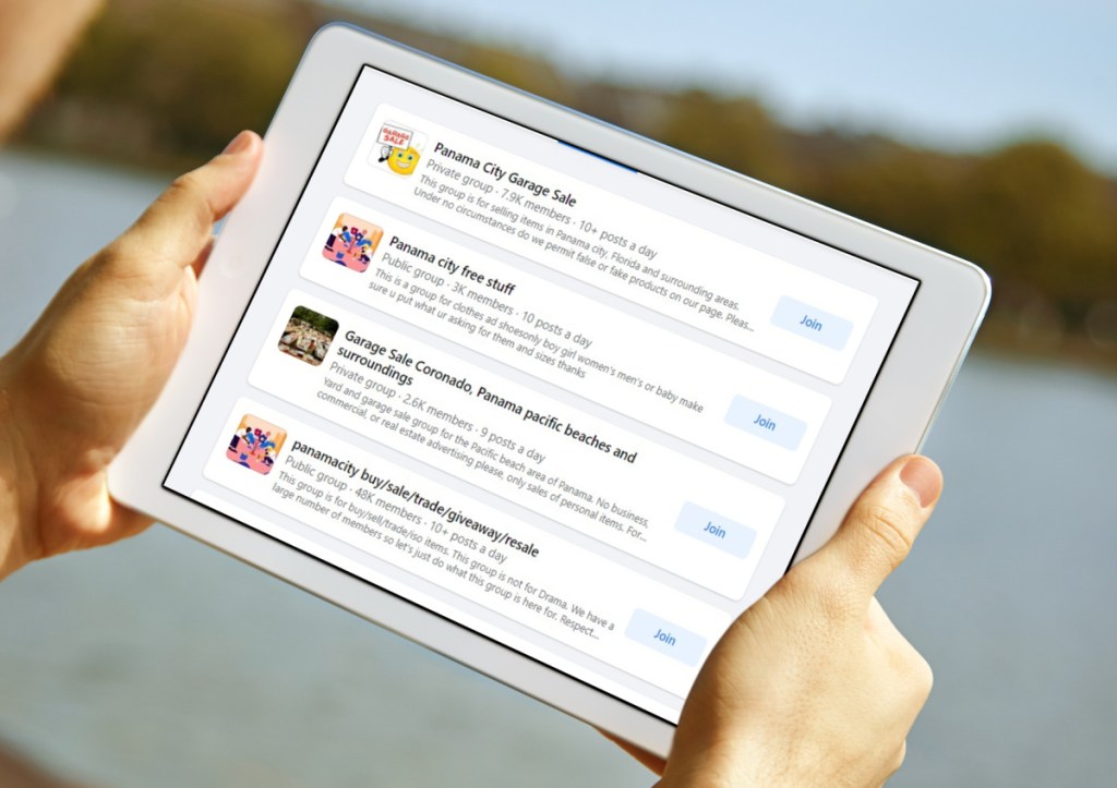 Facebook garage sales groups shown on tablet