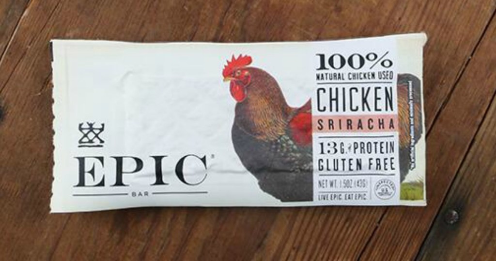 EPIC protein bar sitting on a wooden counter
