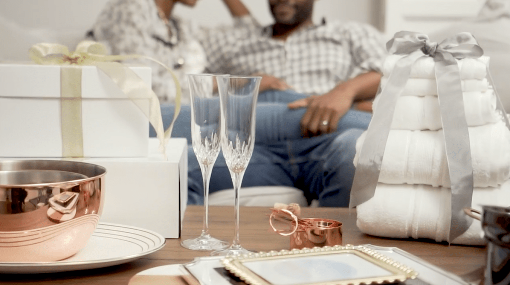 various wedding gifts sitting on coffee table