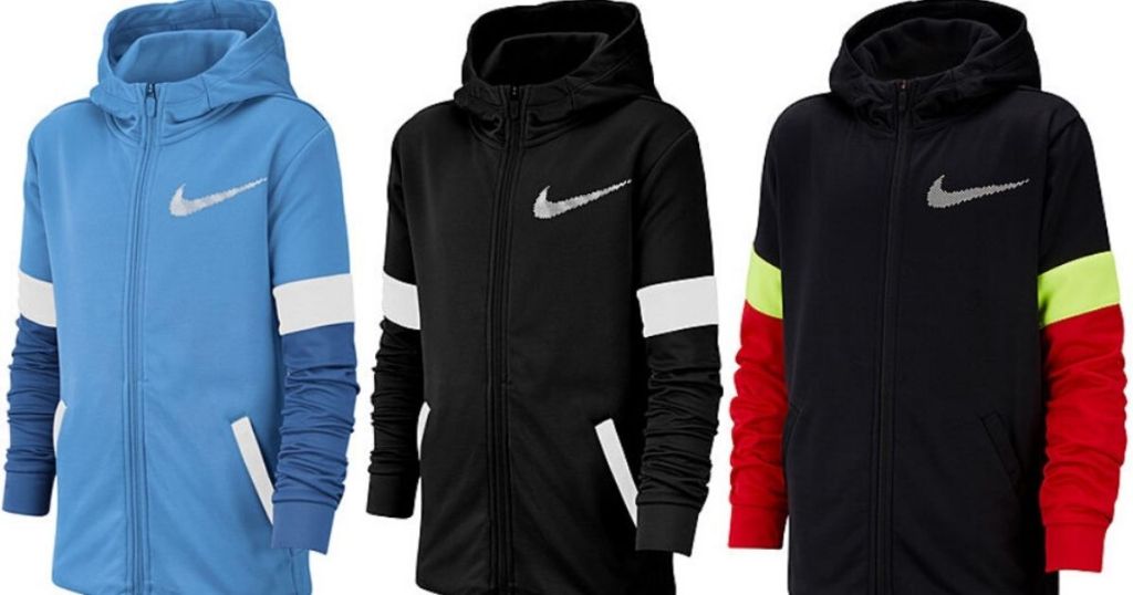 three boys full zip nike hoodies in different colors