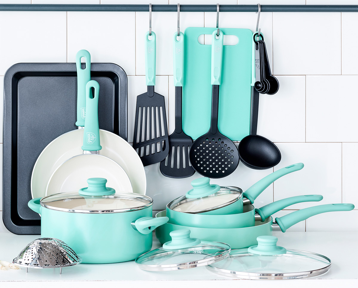 18-piece tortoise colored cookware set with pots, pans, lids, baking sheet, and cooking utensils