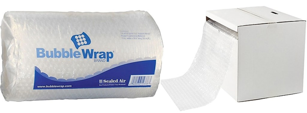 package of bubble wrap and bubble wrap coming out of white box