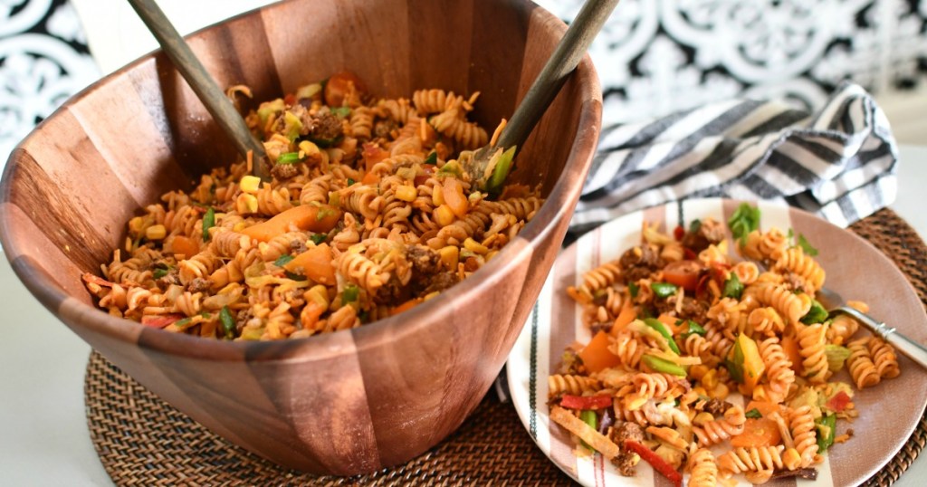 pasta salad in a wooden bowl