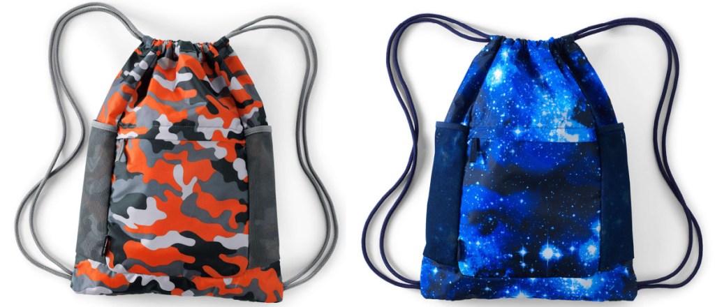 2 lands' end cinch sack backpacks sitting side by side