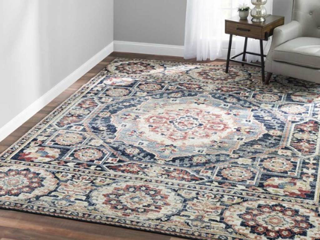 navy medallion rug in living room